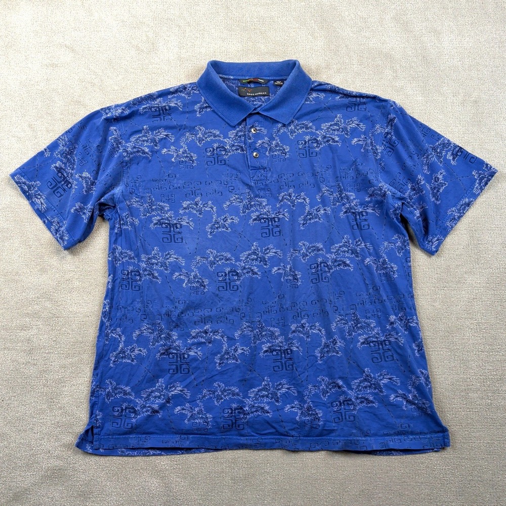 Greg Norman Polo Shirt Mens XXL Blue Tropical Palm Tree Print Golf Short Sleeve